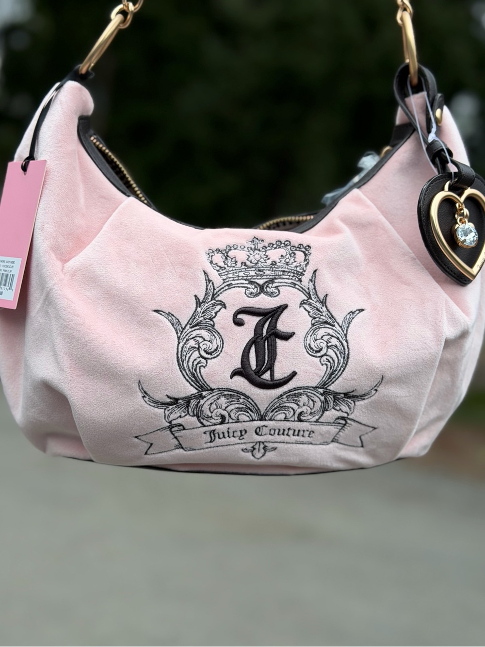 Juicy Couture Need More Juicy Hobo Shoulder Bag Heart Charm Pink Iconic Logo Y2K